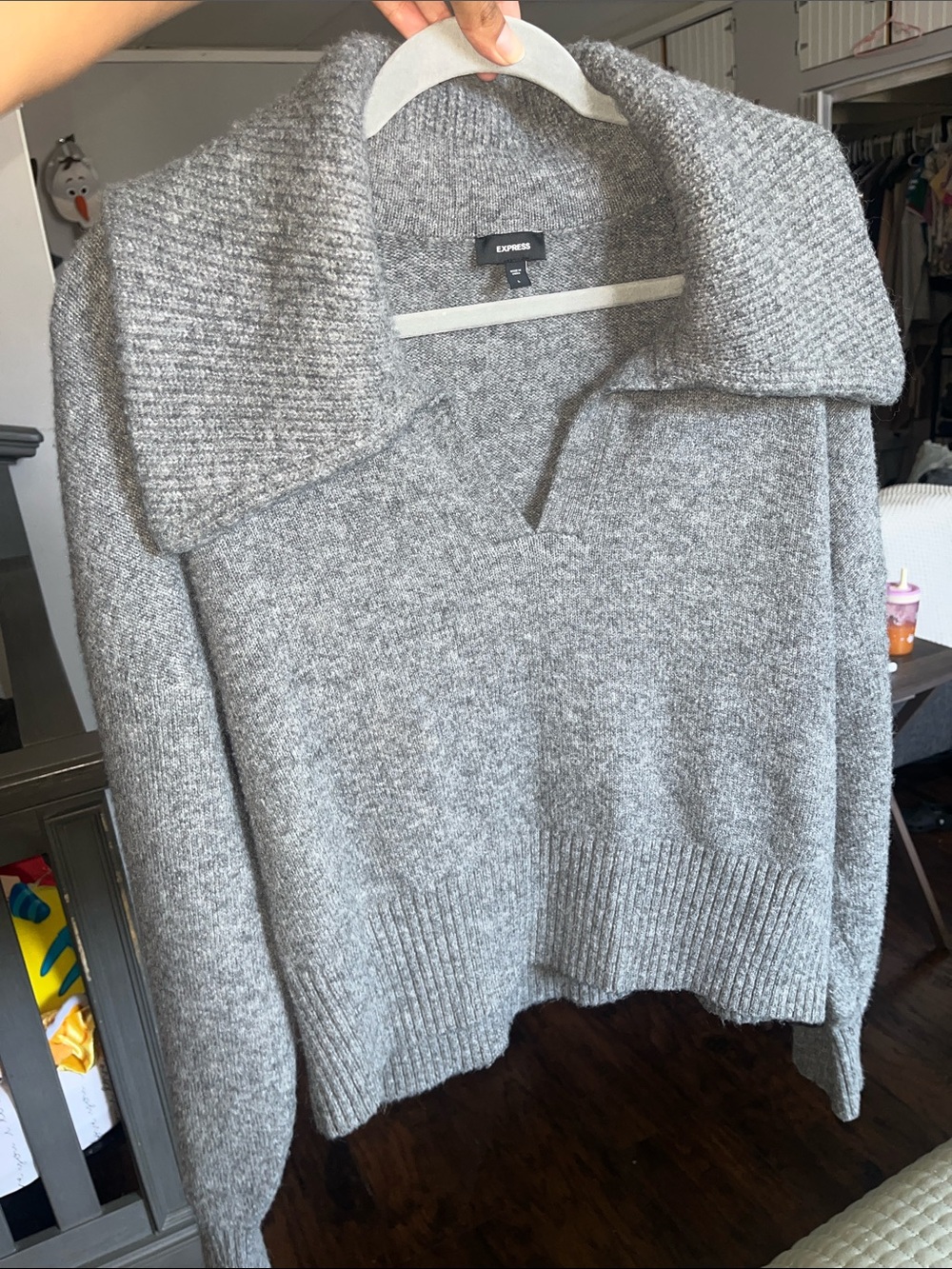 Express Gray Oversized Collard V-Neck Sweater